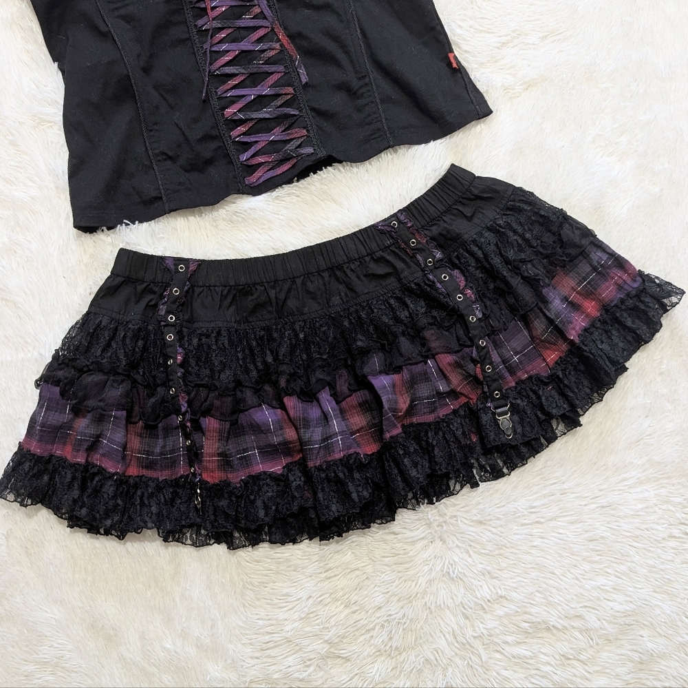 Y2K Vintage Tripp NYC 2 Piece Lace Up Corset & Garter Skirt Plaid Set XL/XXL - Picture 5 of 16